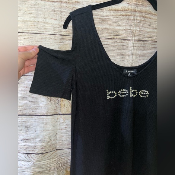 NWT Bebe Black Embellished Cold Shoulder Blouse Size Medium - Picture 2 of 7